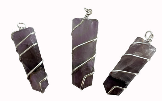 Wholesale LARGE 2" FLAT AMETHYST COIL WRAPPED  STONE PENDANT (sold by the piece or bag of 10 )