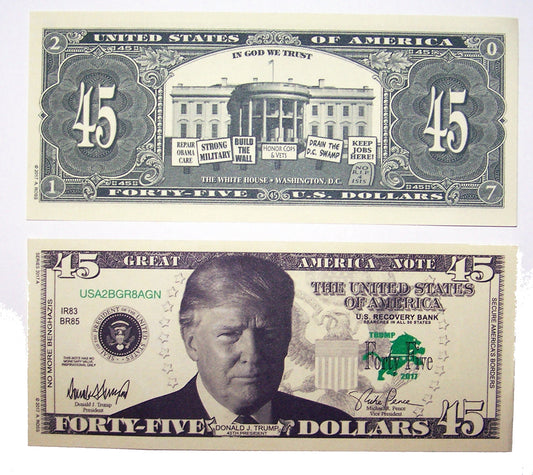 Wholesale DONALD TRUMP 45 DOLLAR FAKE MONEY BILL (Sold by the pad of 25 bills )