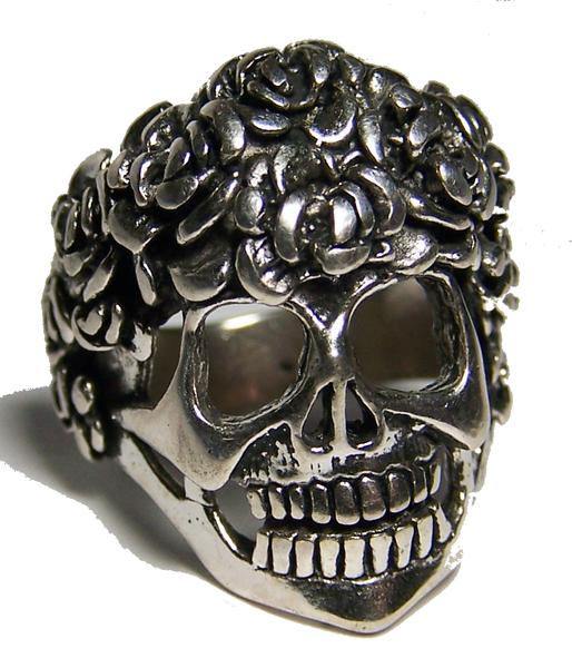 Wholesale SKULL WITH ROSES HEAD BIKER RING (Sold by the piece) * CLOSEOUT AS LOW AS 3.75 EA