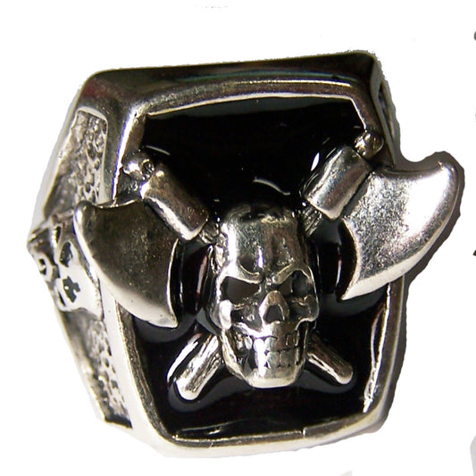 Buy CROSSED HATCHETS AND SKULL BIKER RING Bulk Price