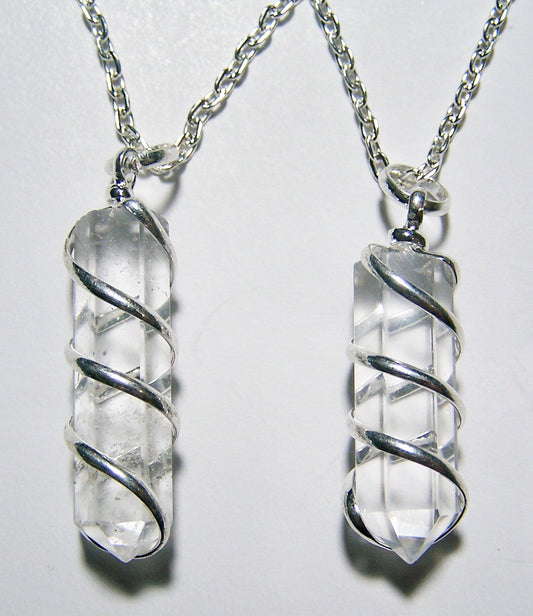 Wholesale Clear Quartz Crystal Coil Wrapped Stone 18-Inch Silver Chain Necklace (sold by the piece or dozen )