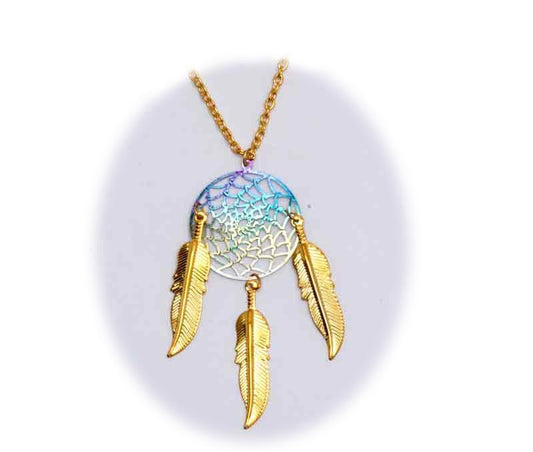 Wholesale 18 INCH METAL DREAM CATCHER GOLD RAINBOW NECKLACE WITH FEATHERS (SOLD BY THE PIECE)