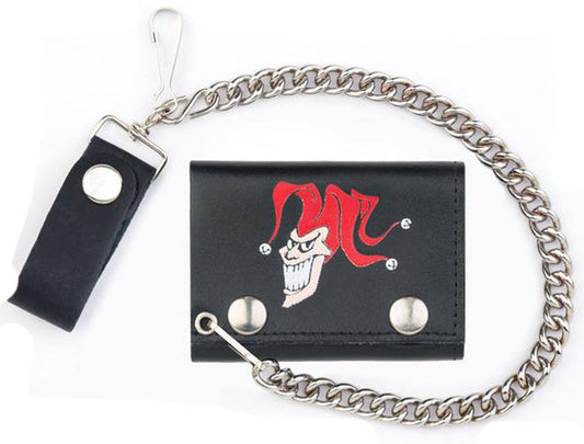 Wholesale JOKER JESTER CLOWN TRIFOLD LEATHER WALLETS WITH CHAIN (Sold by the piece)
