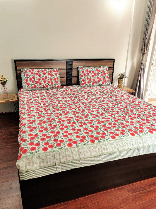 Red Hibiscus Handblock Printed Double Bedsheet With Pillow Covers