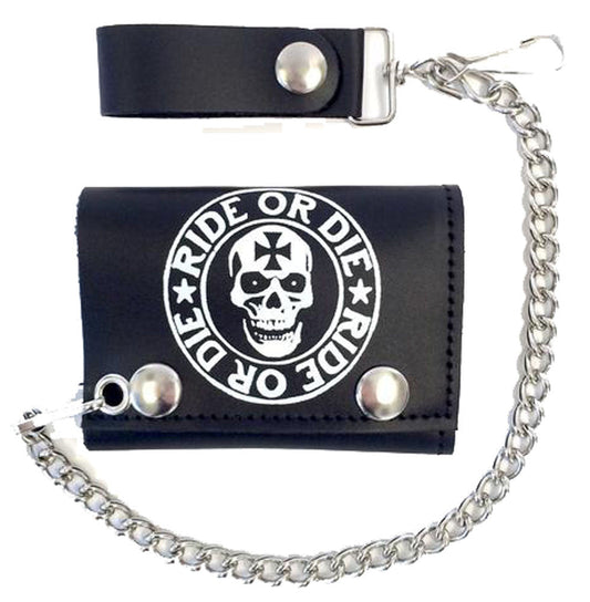 Wholesale  Ride or Die Skull Head Trifold Leather Wallets with Chain (Sold by - 6 piece)