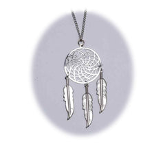 Wholesale 18 INCH METAL DREAM CATCHER SILVER NECKLACE WITH FEATHERS (SOLD BY THE PIECE)