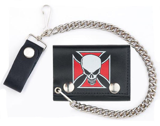 Wholesale SKULL RED IRON CROSS TRIFOLD LEATHER WALLETS WITH CHAIN (Sold by the piece)