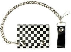 Wholesale BLACK & WHITE CHECKERED TRIFOLD LEATHER WALLETS WITH CHAIN (Sold by the piece)