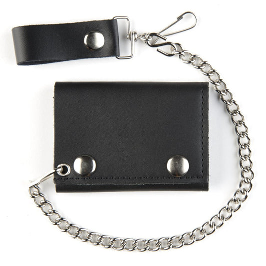 Wholesale Genuine Leather Plain Black Trifold  Wallets With Chain (Sold by the piece)
