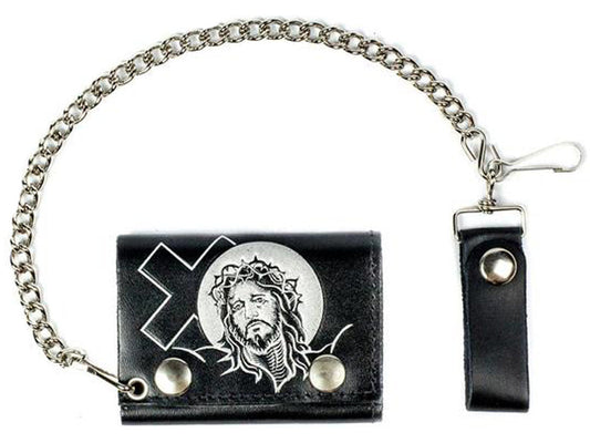 Buy JESUS WITH CROSS TRIFOLD LEATHER WALLETS WITH CHAINBulk Price