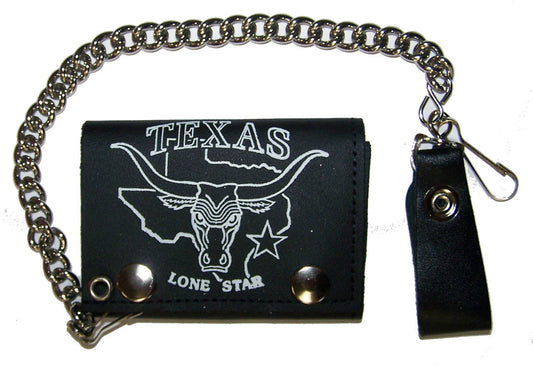 Wholesale TEXAS LONE STAR TRIFOLD LEATHER WALLETS WITH CHAIN (Sold by the piece)