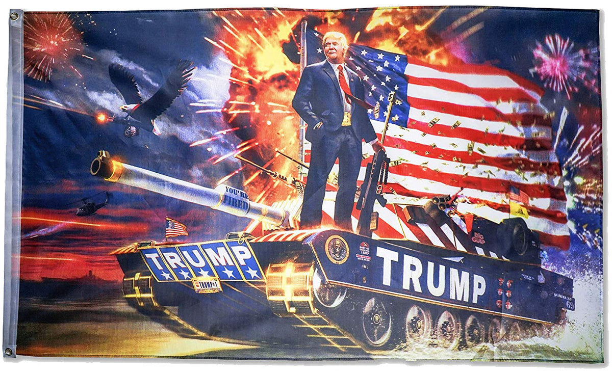 Trump Riding A Tank Donald Trump Tank Fireworks 3X5 American Flag in Bulk