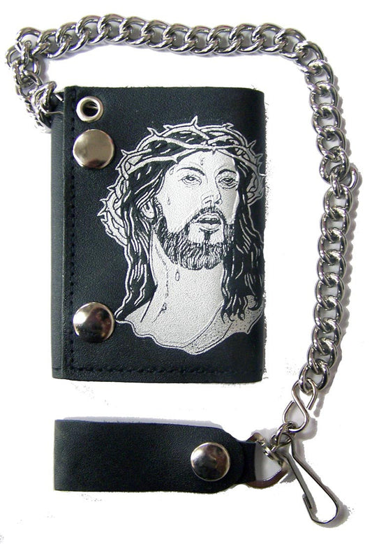 Wholesale JESUS CROWN OF THORNS TRIFOLD LEATHER WALLET WITH CHAIN (Sold by the piece)