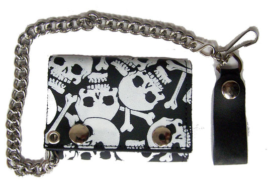 Wholesale WHITE SKULL AND CROSS BONES TRIFOLD LEATHER WALLET WITH CHAIN (Sold by the piece)