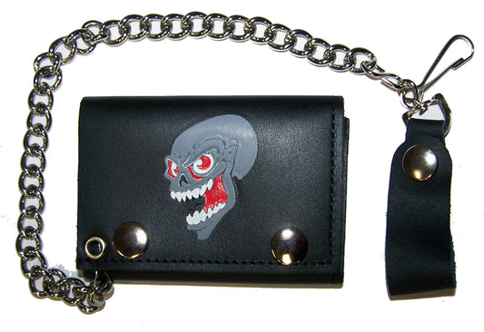 Wholesale SCREAMING SKULL TRIFOLD LEATHER WALLET WITH CHAIN (Sold by the piece)