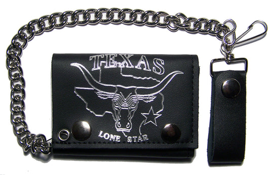 Wholesale Texas Lone Star Bull and Genuine Leather Tri-Fold Wallet with Chain (Sold by the piece)
