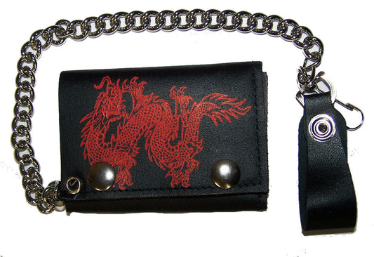 Wholesale RED CHINESE DRAGON TRIFOLD LEATHER WALLETS WITH CHAIN (Sold by the piece)