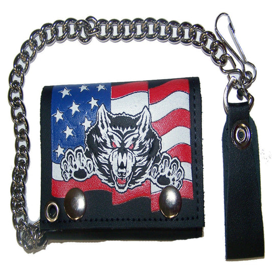 Wholesale Leather Wolf American Flag Trifold Wallets With Chain (Sold by the piece)